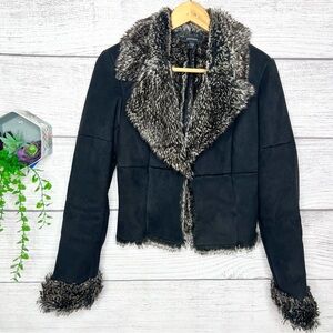 Express Black Suede Faux Fur Lined Open Front Jacket Size 8